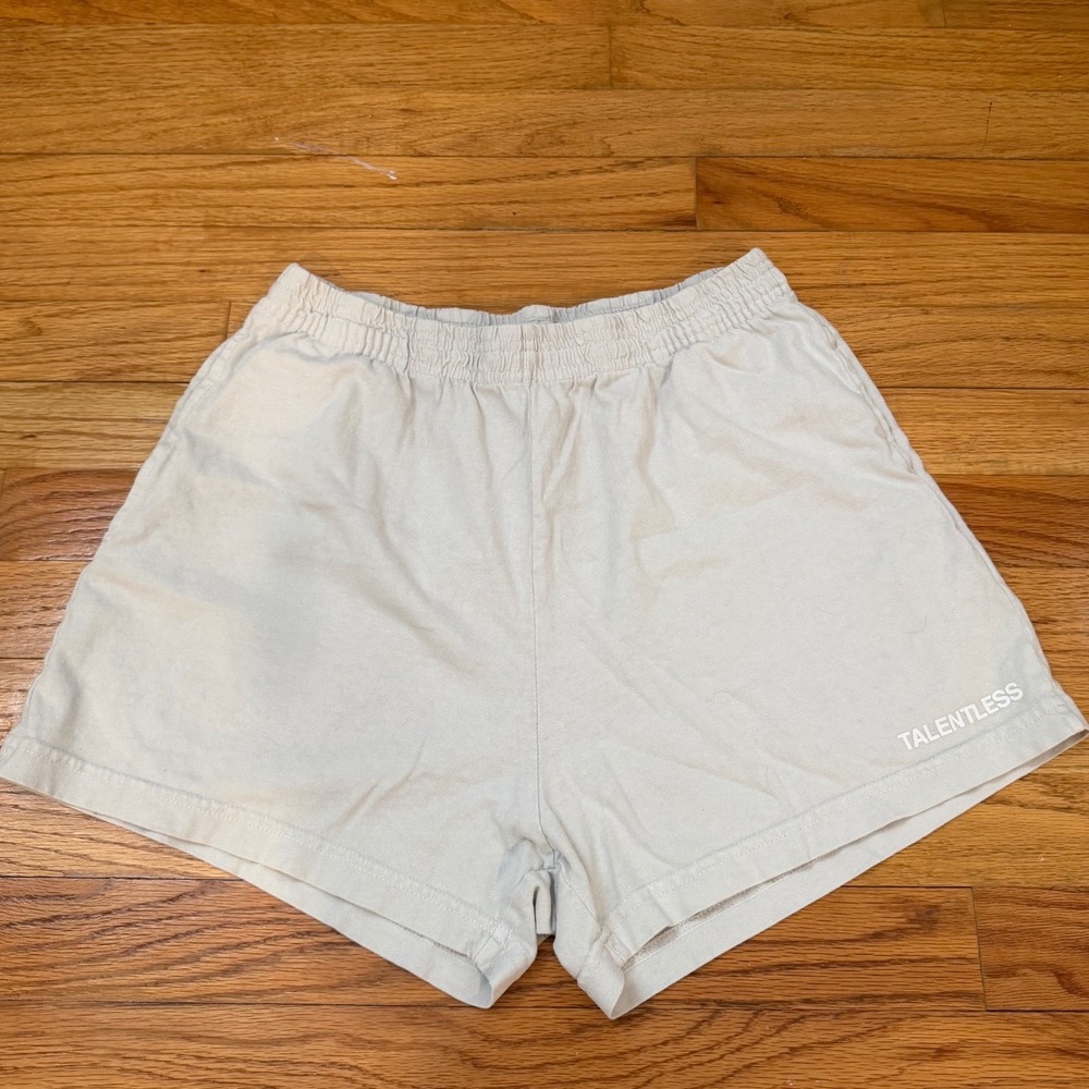 Talentless Womens Premium Cotton Sweat Shorts Bone Beige Logo Lounge Medium